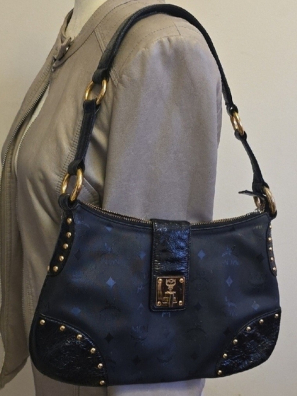 MCM Black Monogrammed Shoulder Bag with Gold Hardware